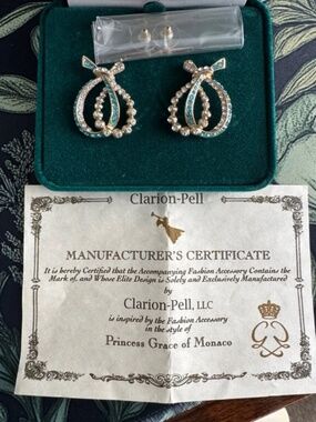Clarion-Pell Gold Tone Bow Dangle/Drop Earrings Blue & Clear Round Crystal NIB C